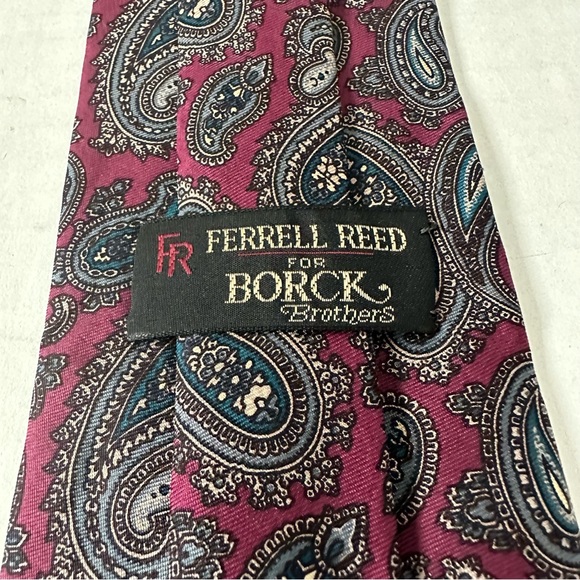 NEW Silk Tie FERREL REED for BORCK Bro’s Burgundy Gray Blue Paisley Handmade USA - Picture 2 of 9